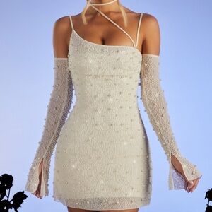 Oh Polly Cream Embellished Asymmetrical Mini Dress. Worn once for a dinner.